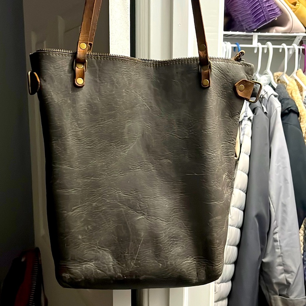 in Blue tote bag. Made in North Carolina to order. Gray leather with zipper